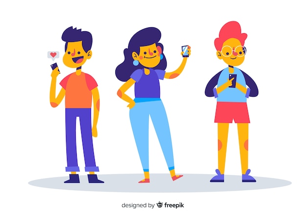Бесплатное векторное изображение Молодые люди держат смартфоны