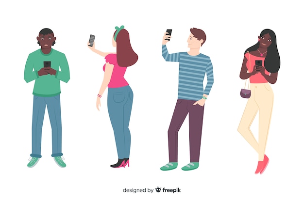 Free vector young people holding smartphones