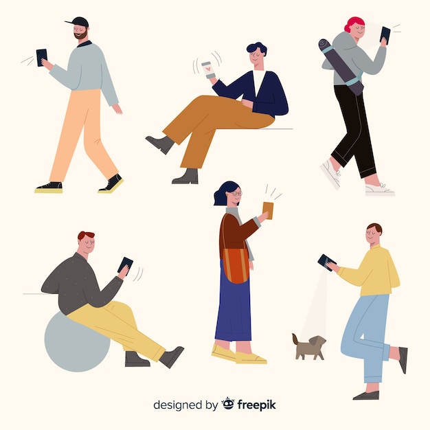 Бесплатное векторное изображение Молодые люди держат свои смартфоны
