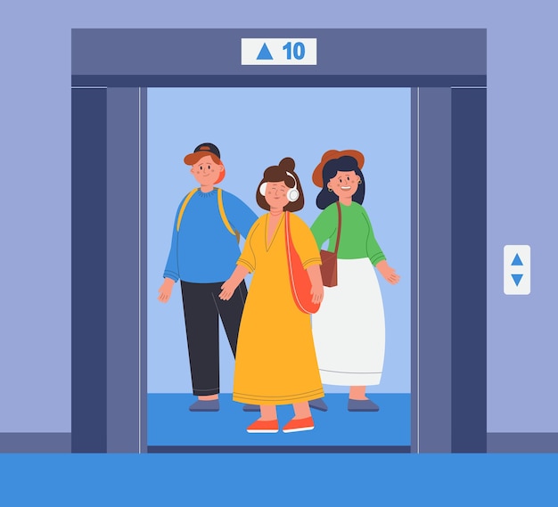 Молодые люди внутри лифта с плоской векторной иллюстрацией открытой двери. Женщины и мужчины слушают музыку, улыбаются и ждут закрытия дверей лифта Транспорт, концепция общества