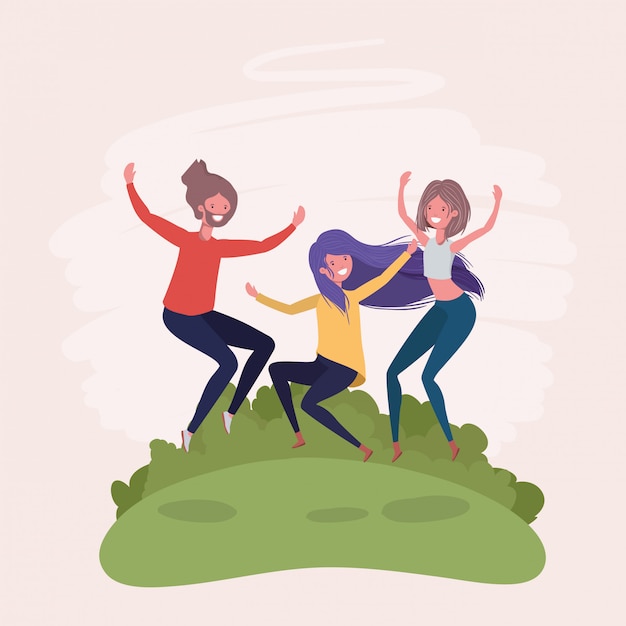 Free vector young people jumping celebrating in the park characters