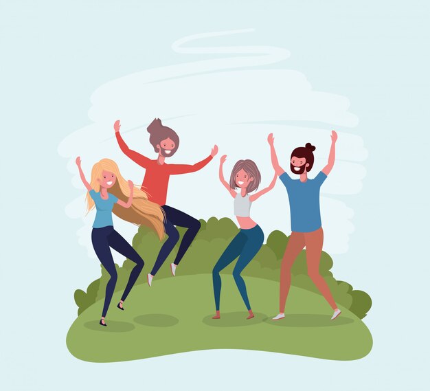 Young people jumping celebrating in the park characters