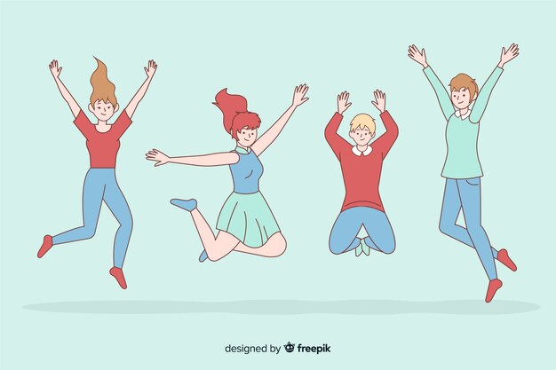 Young people jumping in korean drawing style