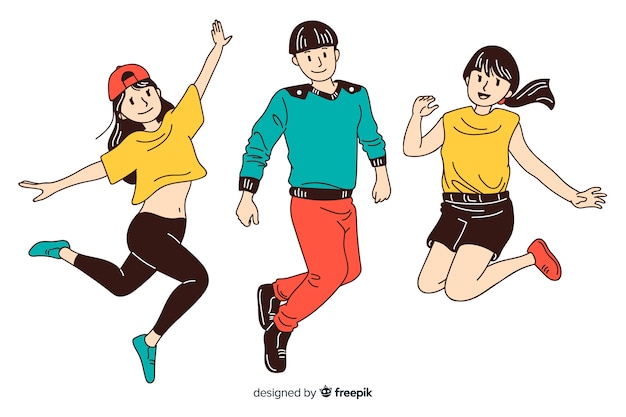 Young people jumping in korean drawing style