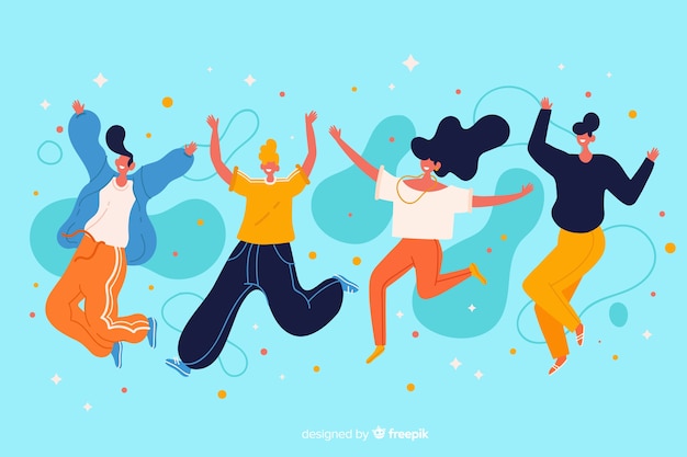 Young people jumping together illustration