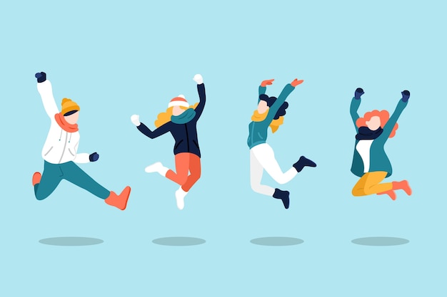 Free vector young people jumping in winter clothes