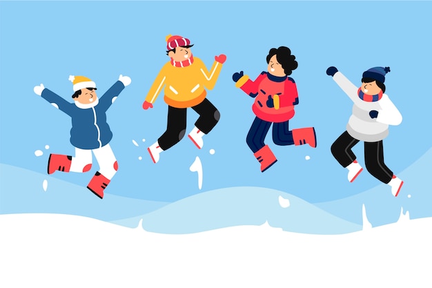 Free vector young people jumping in winter clothes