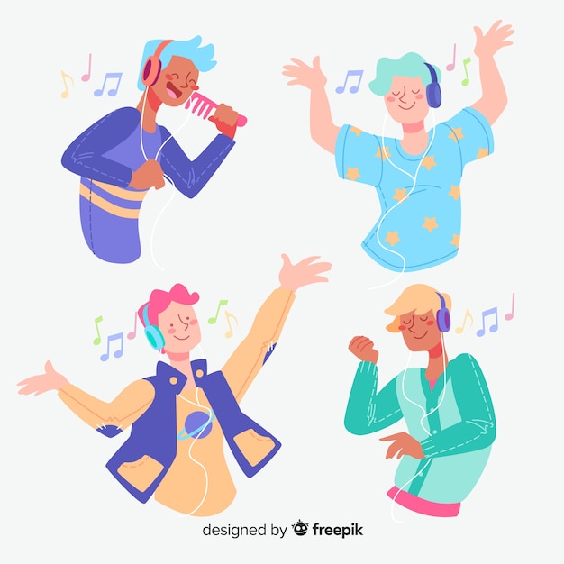 Young people listening to music flat design