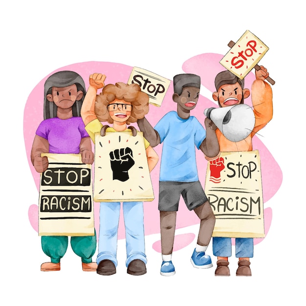 Free vector young people protesting in the street discrimination concept