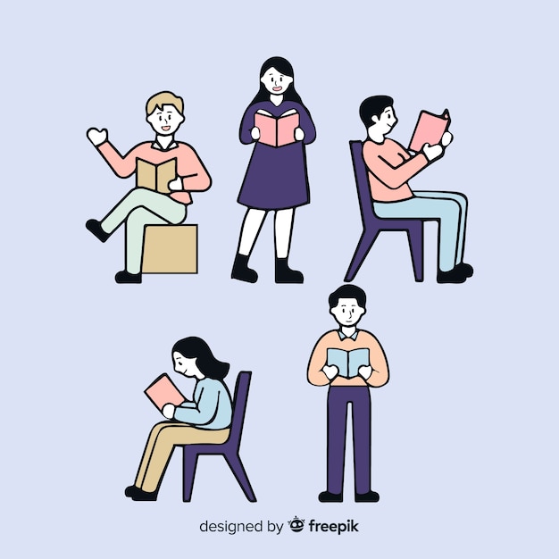 Free vector young people reading in korean drawing style