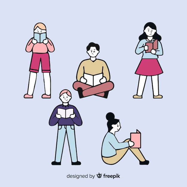 Young people reading in korean drawing style