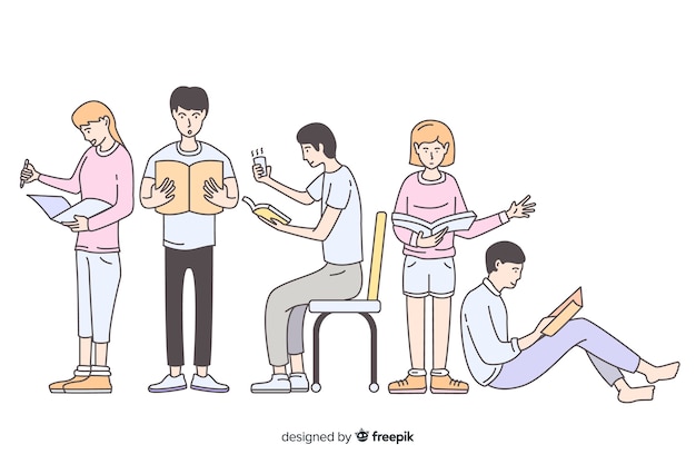 Free vector young people reading in korean drawing style