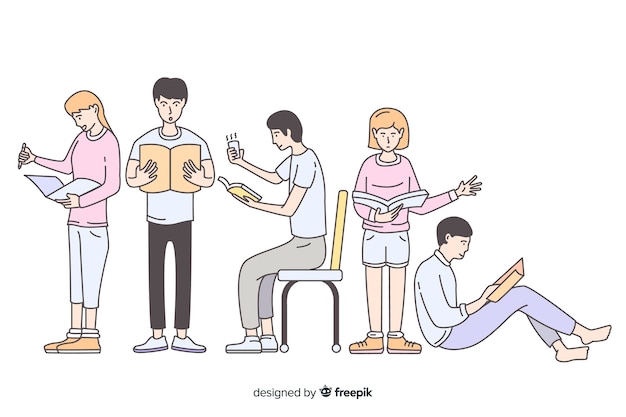 韓国の描画スタイルで読んでいる若者