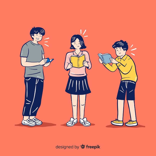 Молодые люди читают в корейском стиле рисования