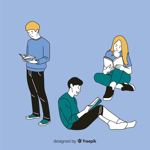 Young people reading in korean drawing style