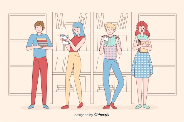 Free vector young people reading in korean drawing style
