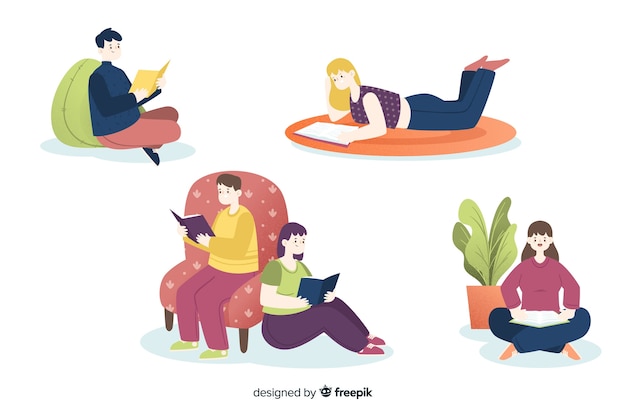 Free vector young people reading in variety position