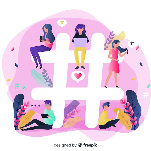 Free vector young people sitting on hashtag symbol