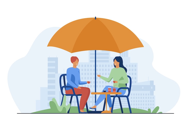 Free Vector young people sitting in street cafe and talking. coffee, friend, relaxation flat vector illustration. communication and leisure