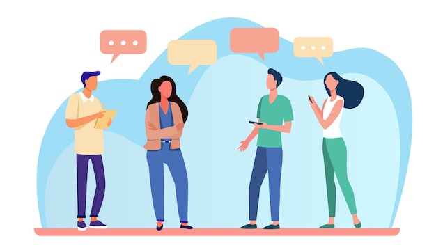 Young people standing and talking each other. Speech bubble, smartphone, girl flat vector illustration. Communication and discussion