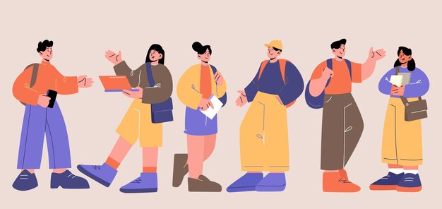 Young people students of school college or university Vector flat illustration of group of teenagers with backpacks books and laptop Community of people studying together