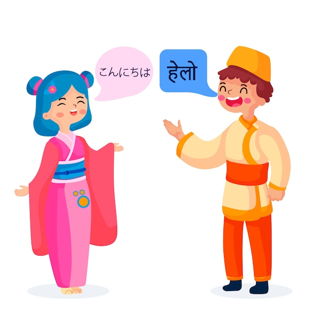 異なる言語のコレクションで話している若者