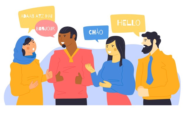 Young people talking in different languages illustrated