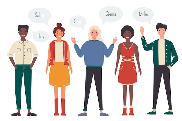 Free vector young people talking in different languages illustration