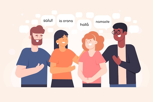 Young people talking in different languages illustrations collection