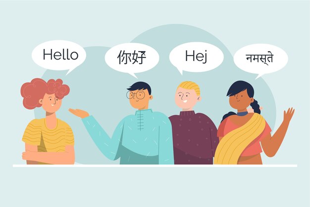 Illustrations of young people talking in different languages group ...