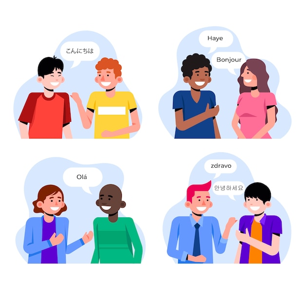 Free vector young people talking in different languages set