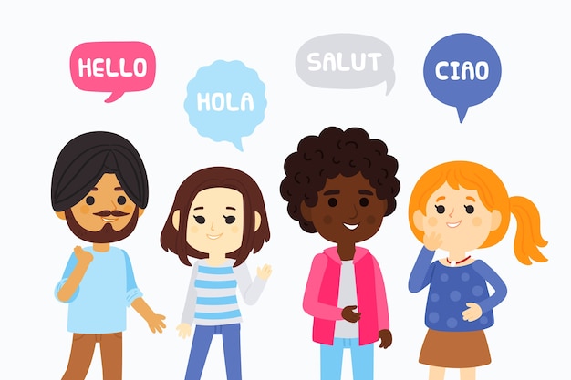 Бесплатное векторное изображение Молодые люди разговаривают на разных языках