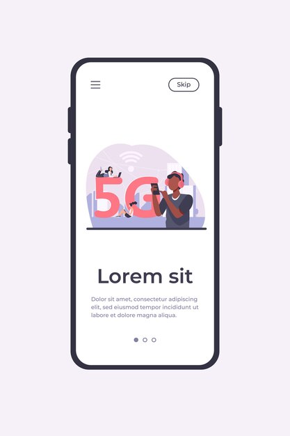 5G 고속 무선 인터넷 연결을 사용하는 젊은 사람들. 무료 도시 Wi-Fi가있는 디지털 기기를 사용하는 남녀. 벡터 일러스트 레이 션 모바일 앱 템플릿