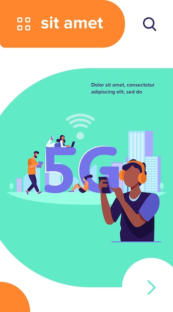 Free vector young people using 5g high speed wireless internet connection. men and women using digital devices with free city wi-fi