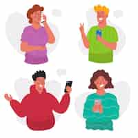 Free vector young people using smartphones pack