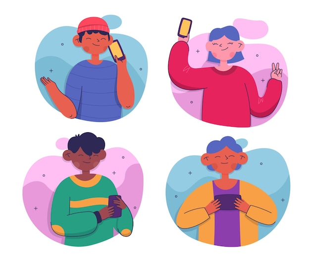 Free vector young people using smartphones set