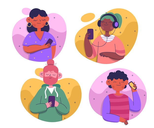 Free vector young people using smartphones set