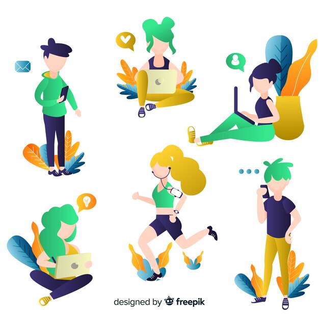 Young people using technological devices. character design set