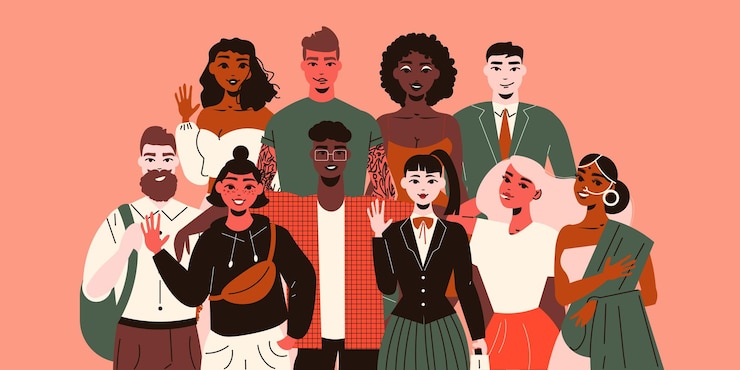 Free Vector young people of various ethnicity making peaceful gestures