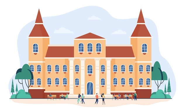 Free vector young people walking in front of college or university flat illustration