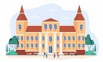 Free vector young people walking in front of college or university flat illustration