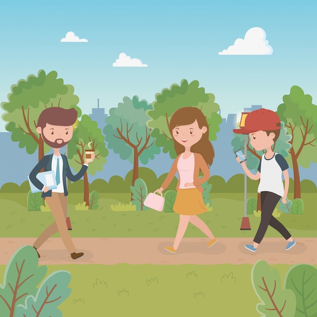 Free vector young people walking in the park characters