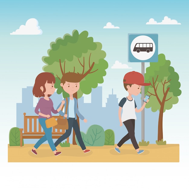 Free vector young people walking in the park characters