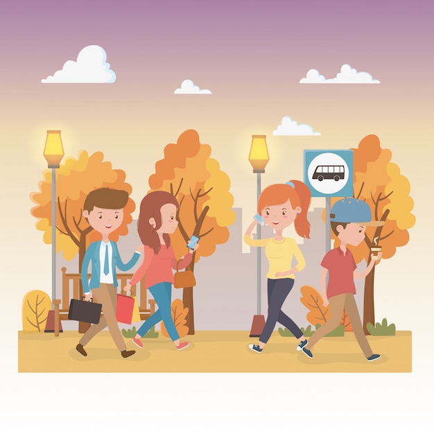 Free vector young people walking in the park characters