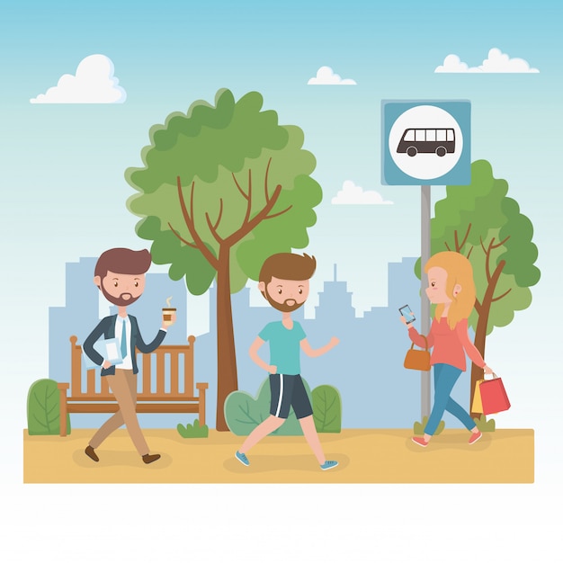 Free vector young people walking in the park characters