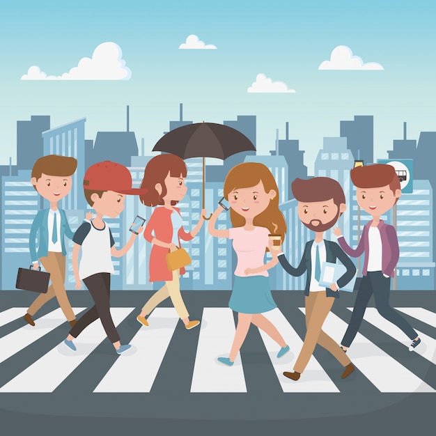 Free vector young people walking in the street characters