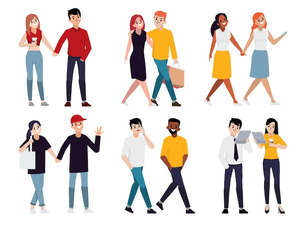 Young people walking together flat vector character set