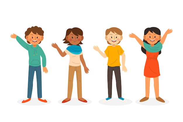 Young people waving hand illustration set