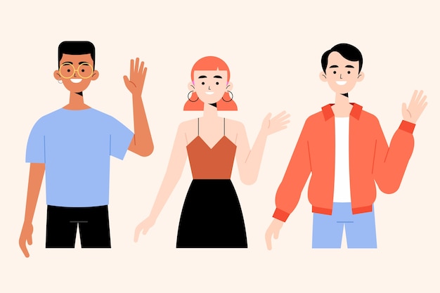 Young people waving hand illustrations collection