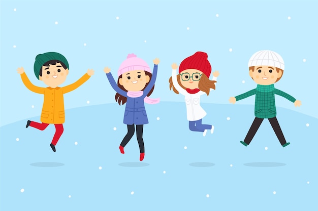 Free vector young people wearing winter clothes jumping collection